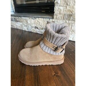 Ugg Cambridge Cuff Knit Rolled Sweater Buckle Suede Booties Size 6 Tan